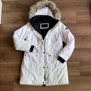 White Parka Coat with Faux Fur Hood